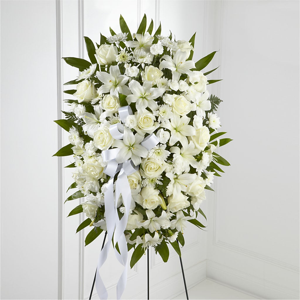 Exquisite Tribute Standing Spray-White Ribbon – Rhodes Family Price Chopper, Branson MO