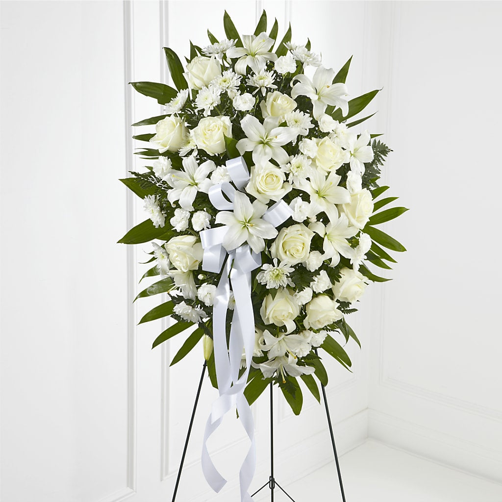 Exquisite Tribute Standing Spray-White Ribbon – Rhodes Family Price Chopper, Branson MO