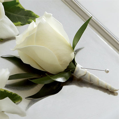 White Rose Boutonniere –  Rhodes Family Price Chopper, Branson MO